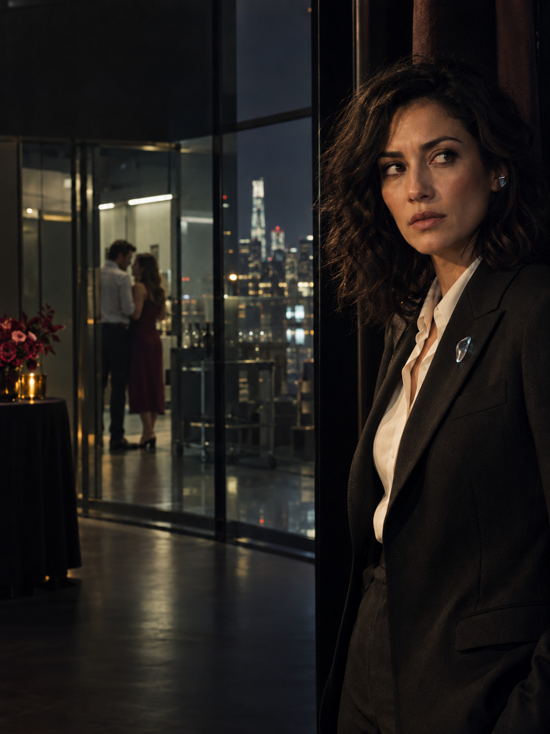 Maya in sharp focus, with Cal and Sloane embracing behind the glass. Cinematic concept art.