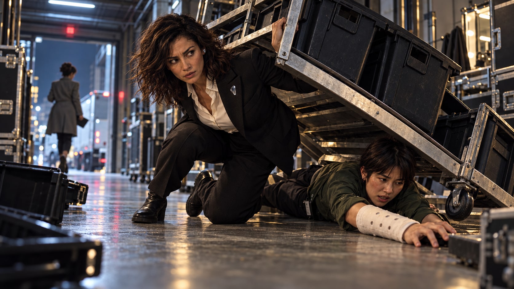 Maya braces beneath a fallen steel rack to free Talia while the handler retreats through the loading bay.