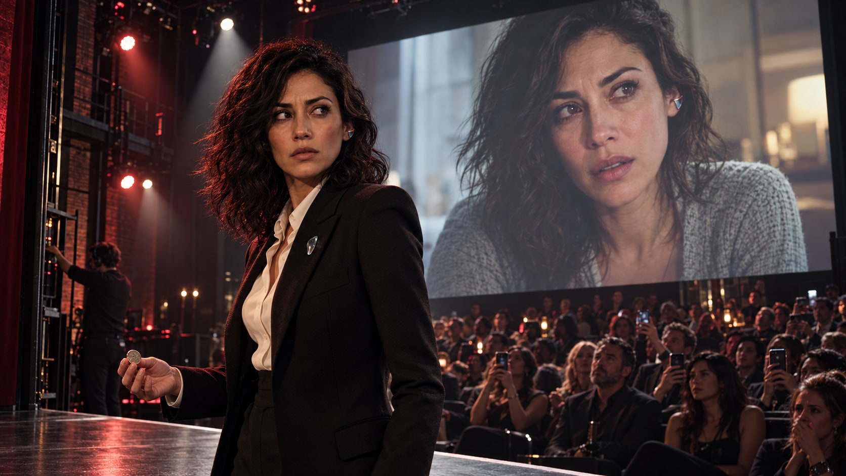Maya holds a coin onstage as a stolen private video of her fills the projection screen and the audience raises phones.