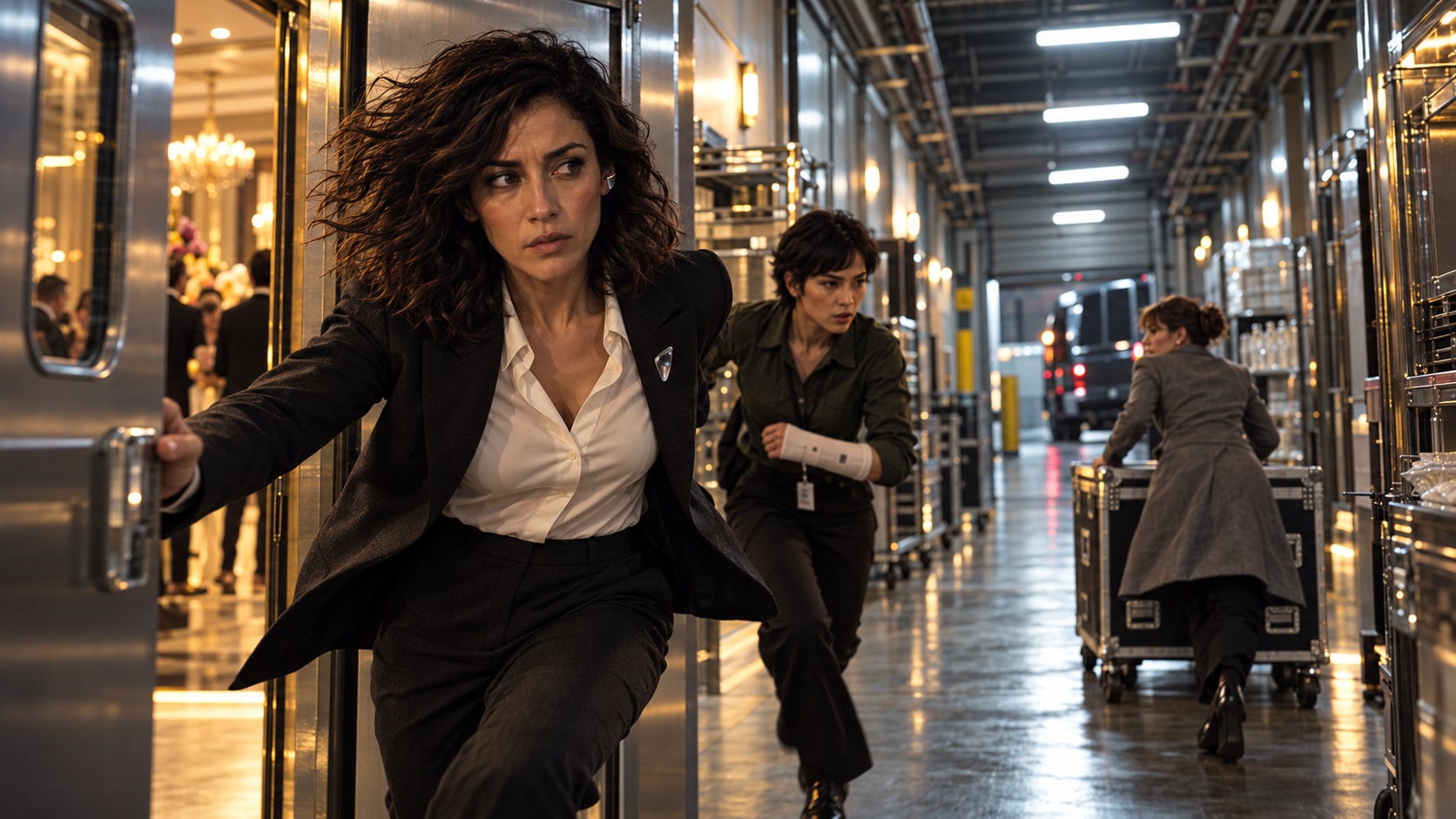 Maya and Talia hurry through a service passage as Nadia wheels the stolen equipment toward a waiting van.